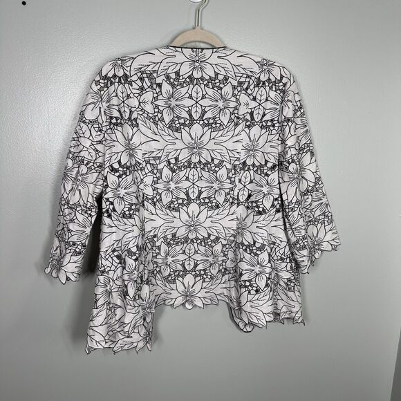 Peter Nygard 16 Black White Linen Floral Open Cut Out Blazer Jacket Open Front - Picture 5 of 5